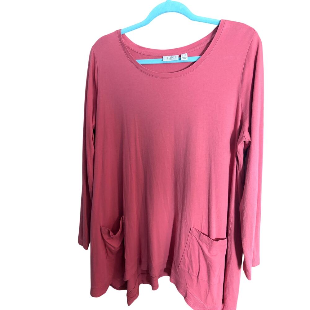 Logo Lori Goldstein Pink Tunic Top 1X Long Sleeve Asymmetrical Hem‎ Pocket
